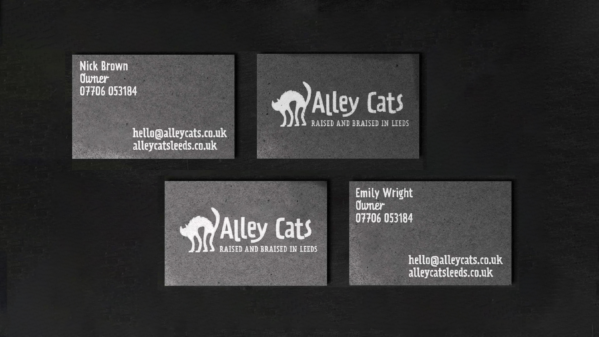 Alley cats printed business cards white on black finishing