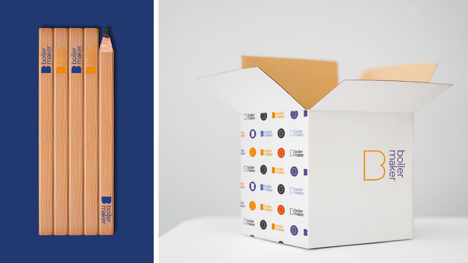 printed collateral like branded pencils and a branded and printed cardboard box