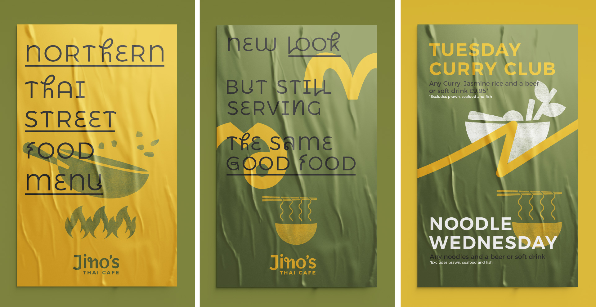 Three posters containing illustrations, bespoke typography and icons for Jino's marketing campaign
