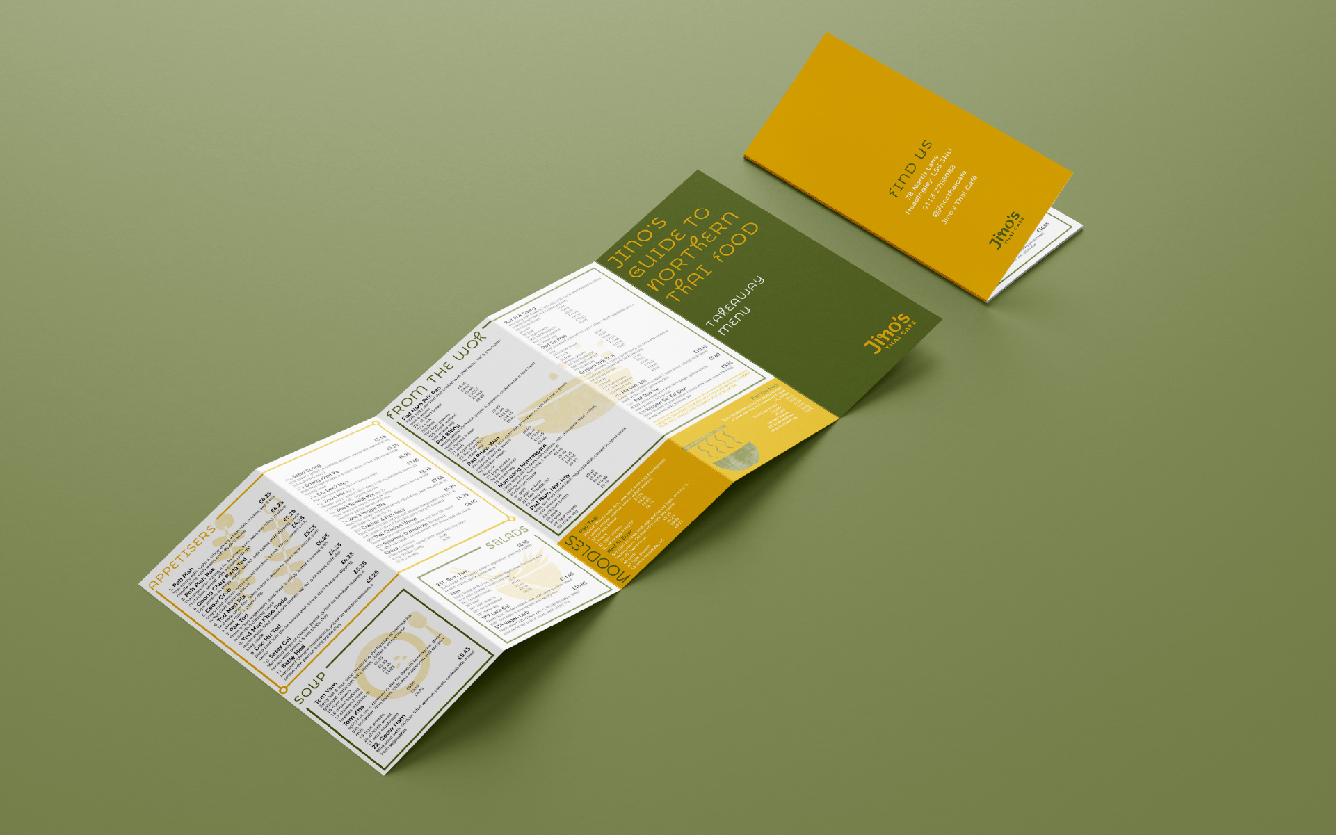 Take-away menu of Jino's Thai café using the brand colours and bespoke typography and icons