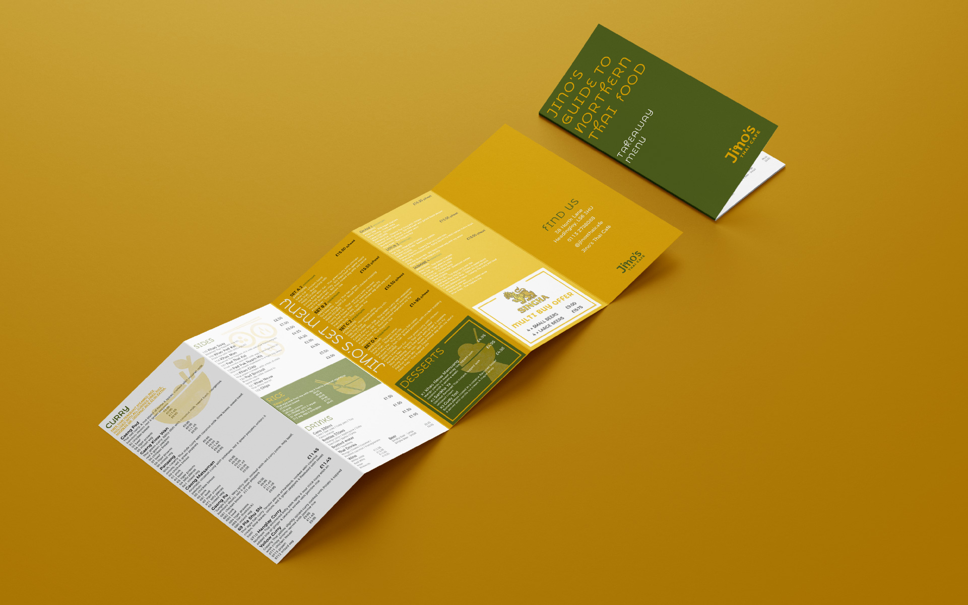 Reverse side of take-away menu of Jino's Thai café using the brand colours and bespoke typography and icons
