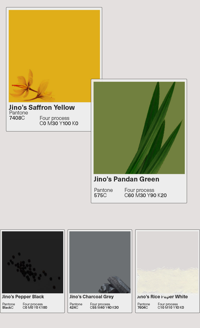 Jino's colour swatches with the main colours being Saffron Yellow and Pandan Green