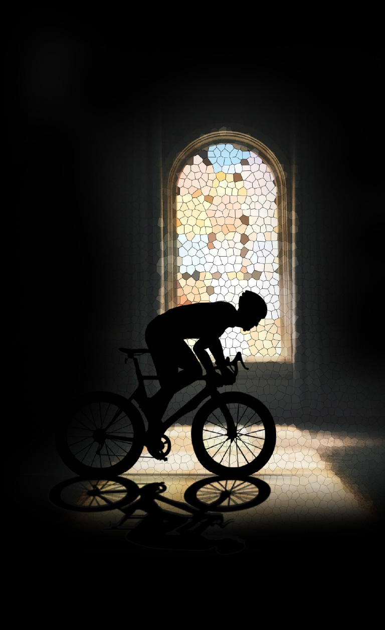 Image of a cyclist cycling in church with glass stained window at the background