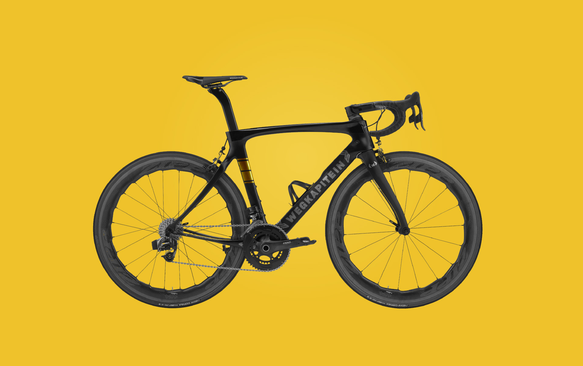 Wegkapitein's branded racing bicycle in black on a yellow background