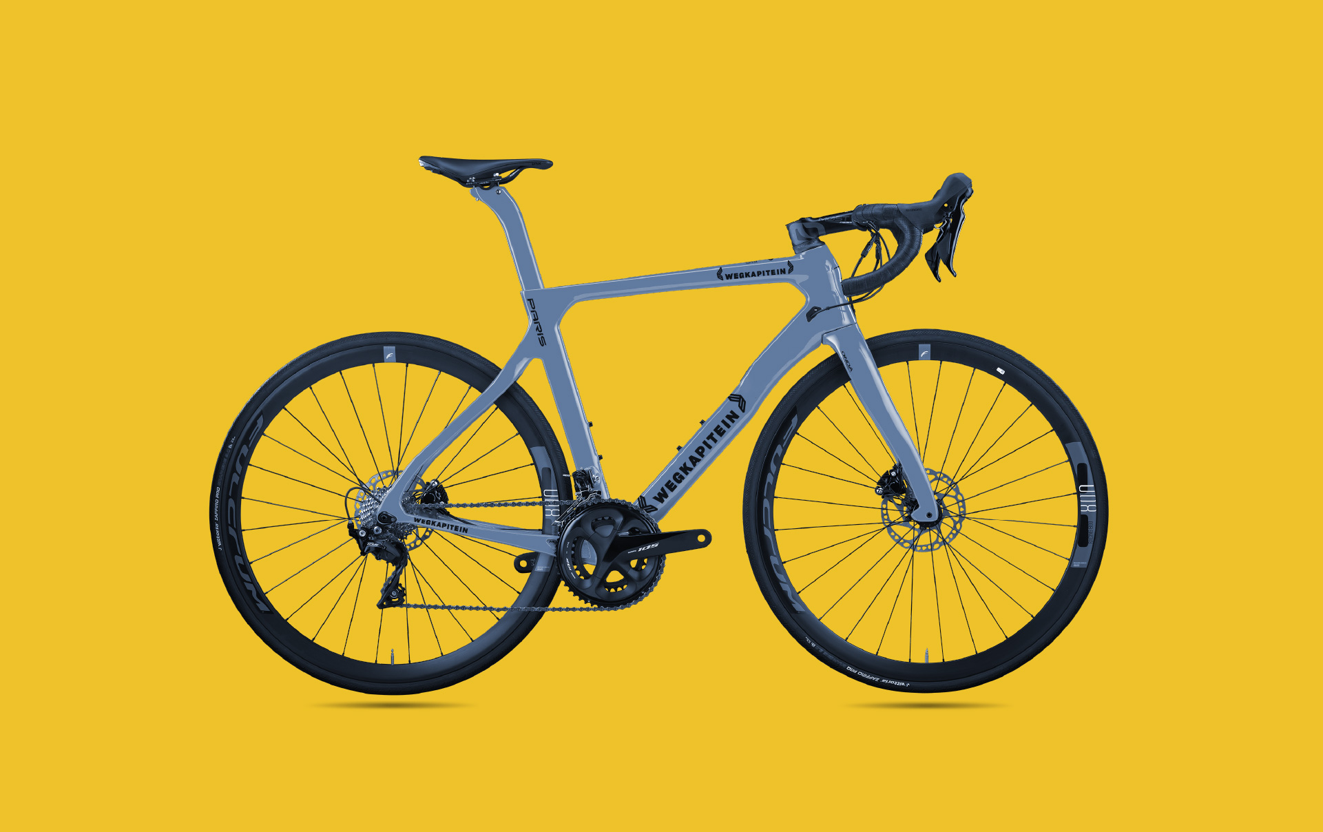 Wegkapitein's branded racing bicycle in blue on a yellow background