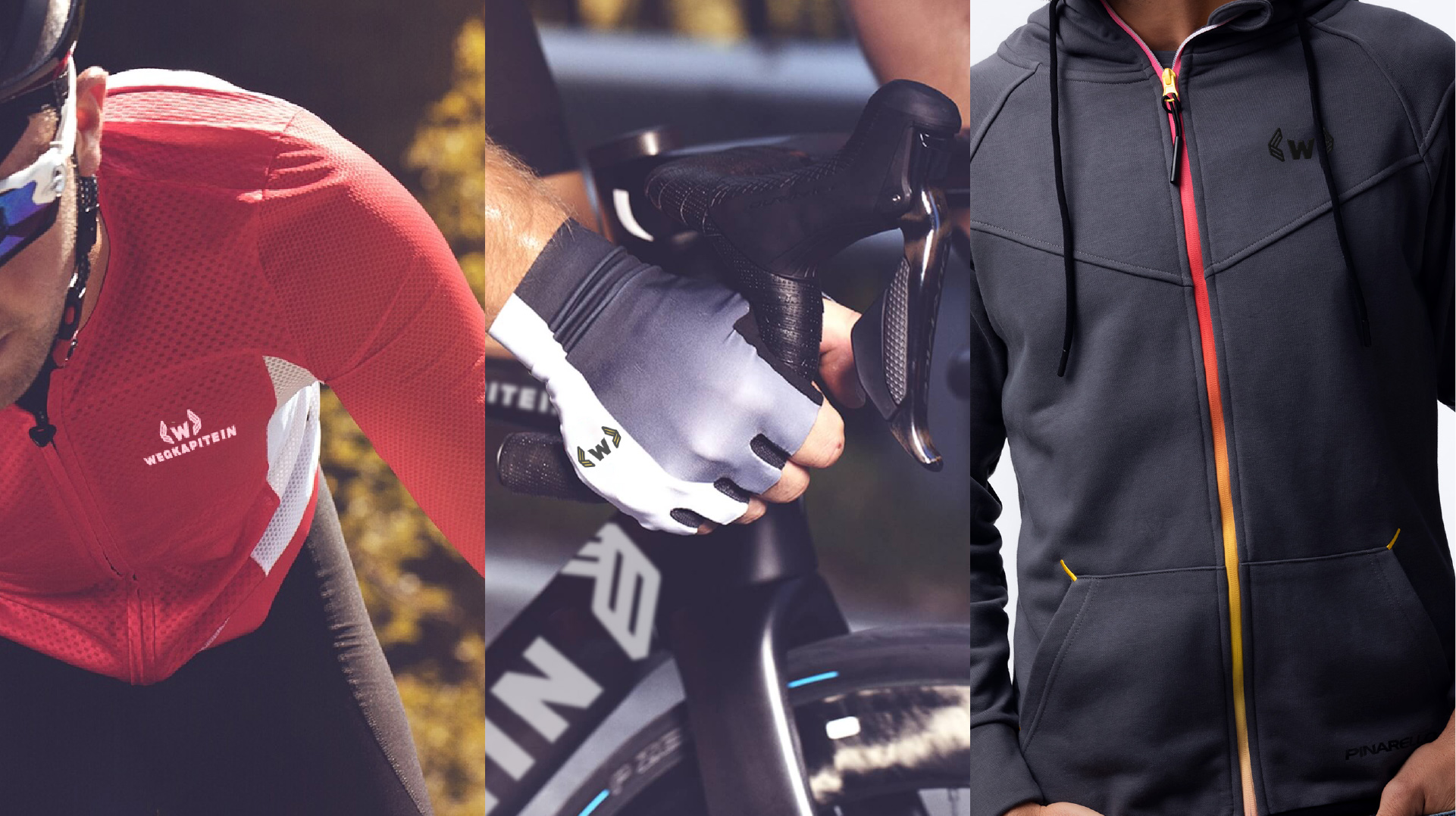 Branded clothing like cycling jersey, cycling gloves and a jumper with the logo printed or embossed onto it